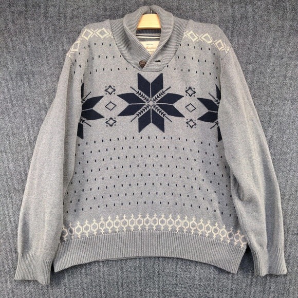 Weatherproof Vintage Men's Pullover Shawl Collar Sweater Gray Large Fair Isle - Picture 2 of 15